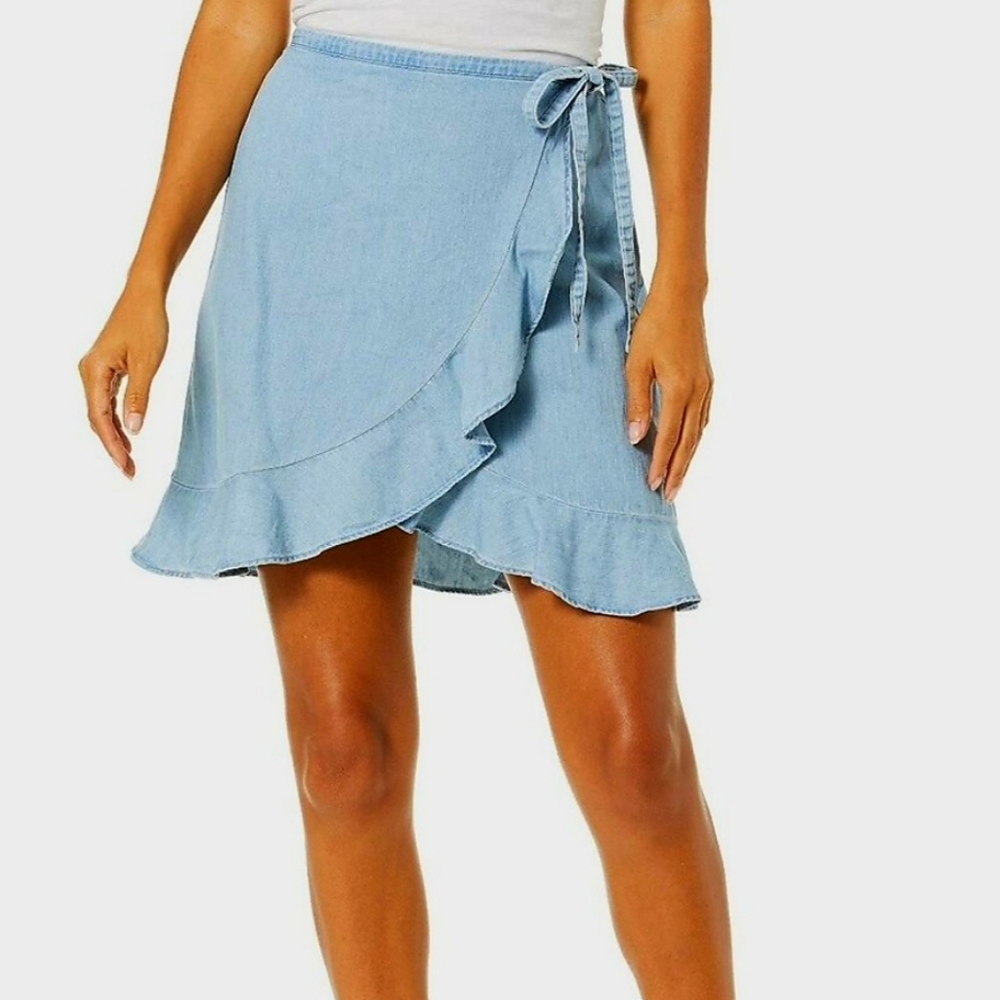 J. Crew Chambray Faux Wrap Ruffle Mini Skirt Medium